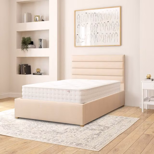 Aspire Kelly Upholstered Fabric Ottoman Storage Bed in Beige with Lift Up Base, W/D/H: 120 x 200 cm