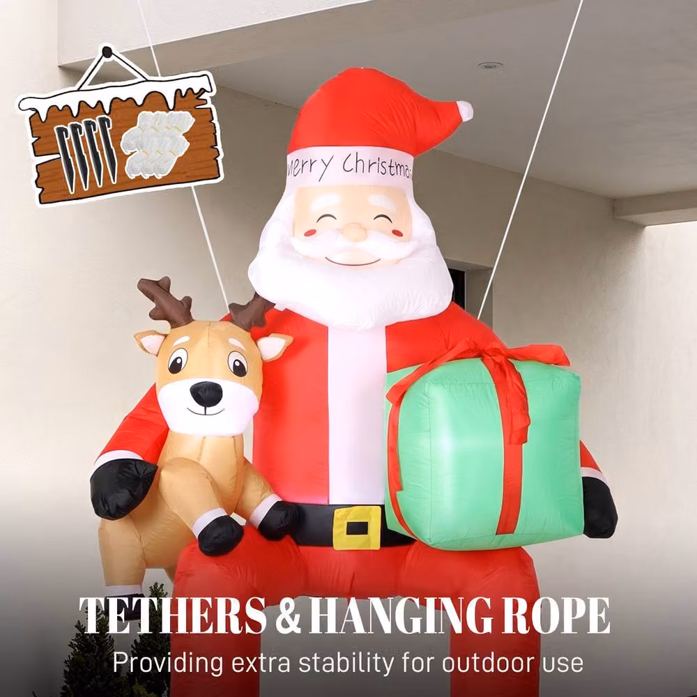 OUTSUNNY Giant Christmas Inflatable Hanging Santa Claus with Reindeer in Red and Brown – 4