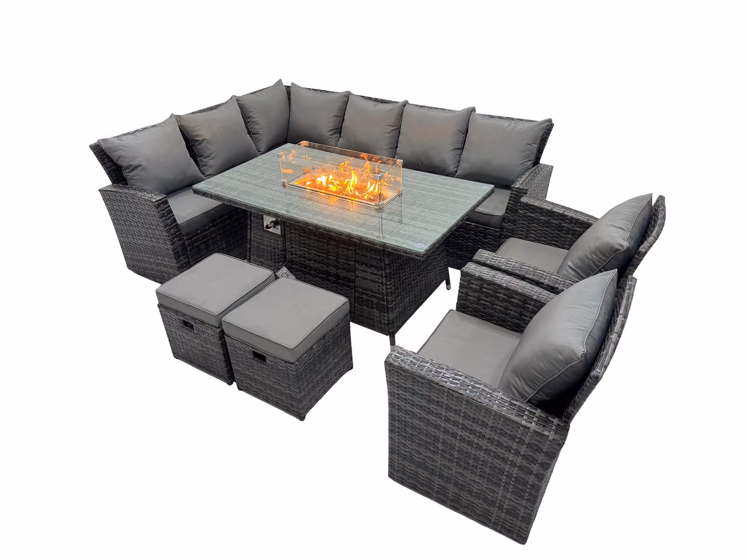 Fimous Rattan Outdoor Gas Firepit Table Sofa Set with 2 Chairs and 2 Stools in Dark Grey – 2