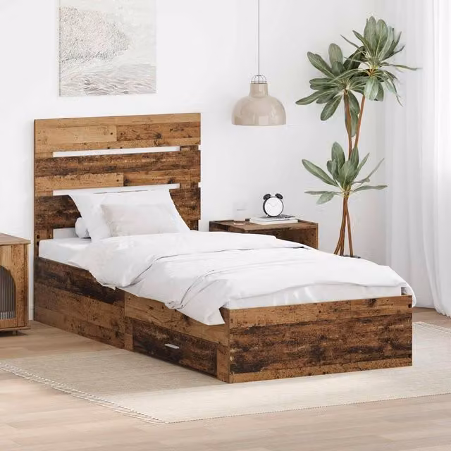 Berkfield Home Bed Frame with Drawers in Old Wood Brown, W/D/H: 90 x 190 cm