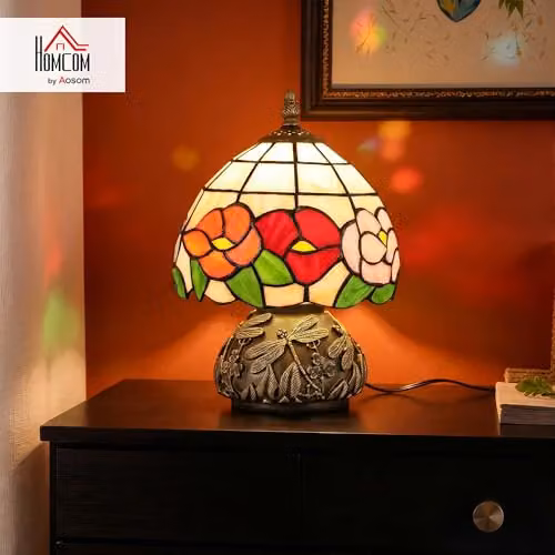 HOMCOM Tiffany-Style Table Lamp with Multi-Coloured Glass and Bronze Sculpted Base – 2