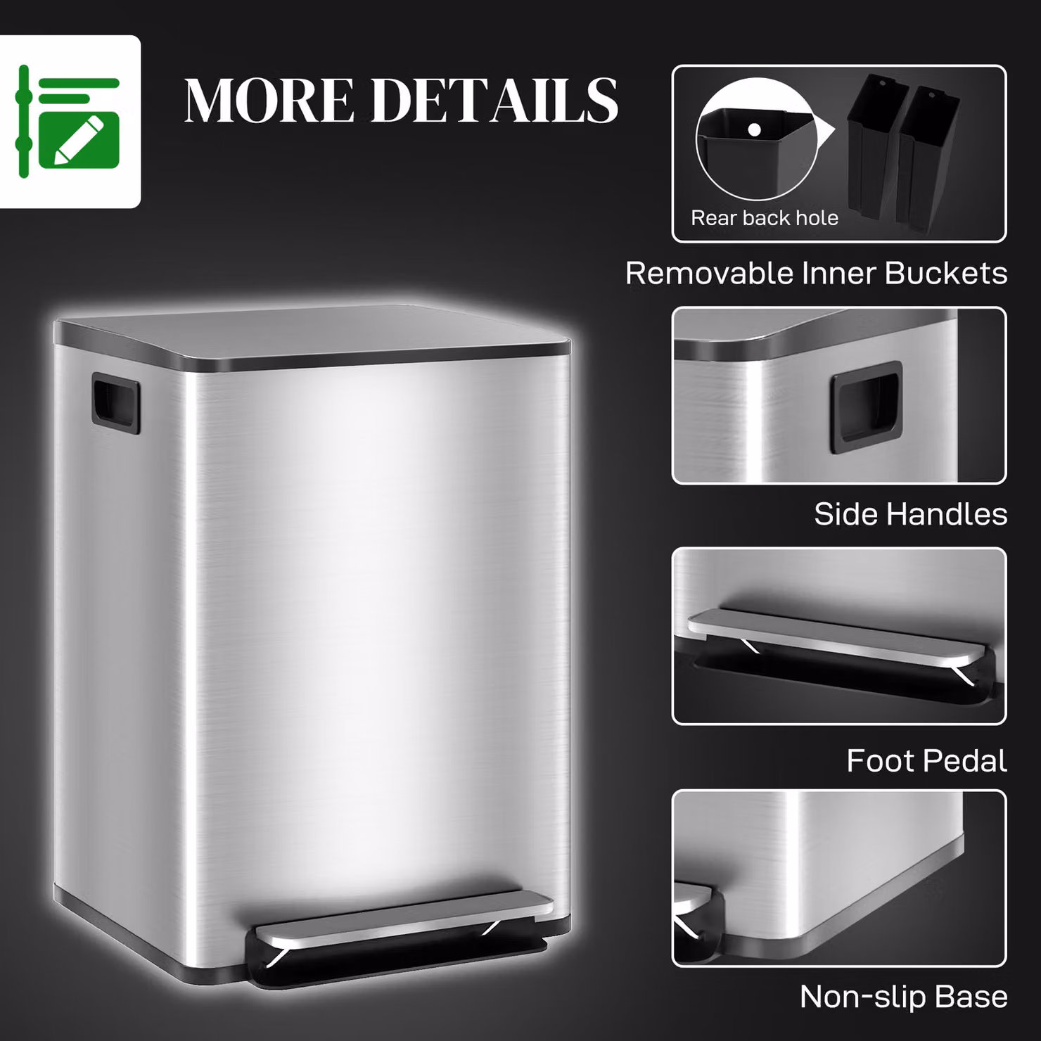 HOMCOM 40L Dual Compartment Stainless Steel Pedal Bin with Odour Filter and Removable Inner Bucket, Silver Tone – 5