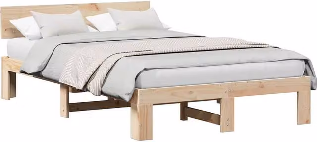 Berkfield Home Modern Bed Frame with Headboard in Beige Solid Pine Wood W/D/H: 135 x 199 x 66 cm