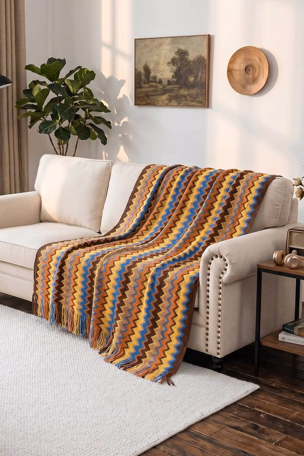 Garden Sanctuary Multicolour Bohemian Chevron Knitted Throw Blanket with Tassels – 2