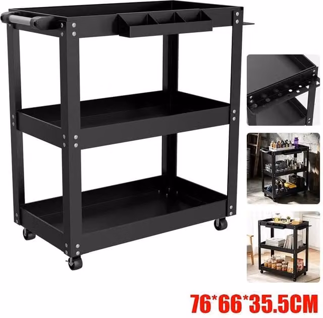 FORGEVIO 3 Tier Heavy Duty Steel Garage Tool Storage Trolley, Black, W/D/H: 76.0 x 35.5 x 66.0 cm – 1