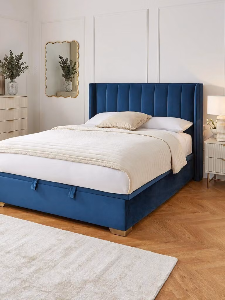 Very Home Dakota Blue Velvet Double Bed with Lift Up Storage and Upholstered Frame, W/D/H: 140 x 200 x 155 cm