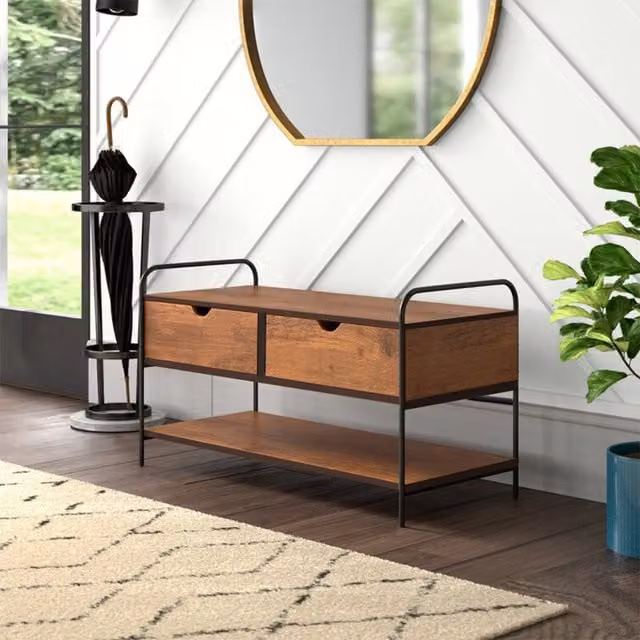 Livingandhome Modern Brown Wooden and Metal Hallway Shoe Rack