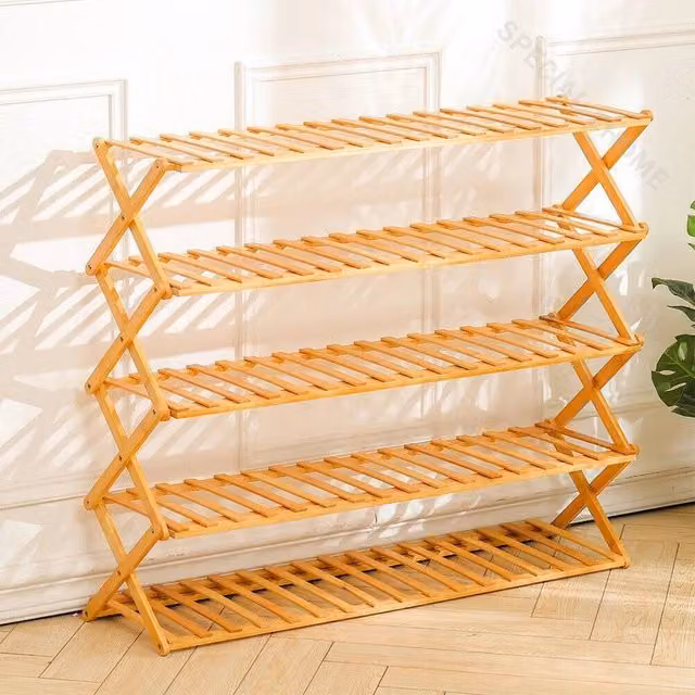 KORVIXA 5 Tier Wooden Folding Shoe Rack in Brown W/D/H: 50 x 50 x 50 cm