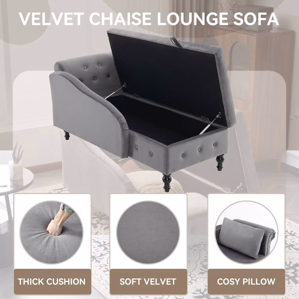 Matteo Velvet Chaise Lounge Sofa with Storage, Grey – 5