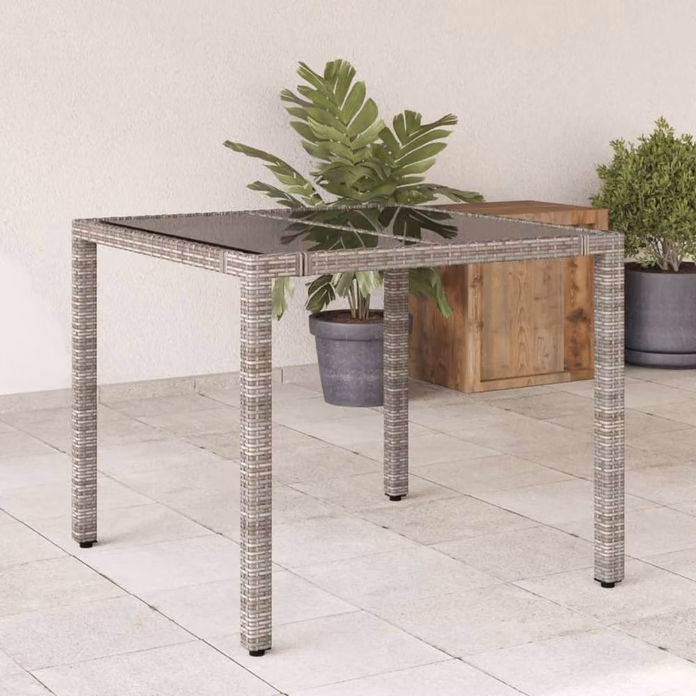 Berkfield Home Grey Poly Rattan Garden Table with Glass Top, W/D/H: 90 x 90 x 75 cm – 2