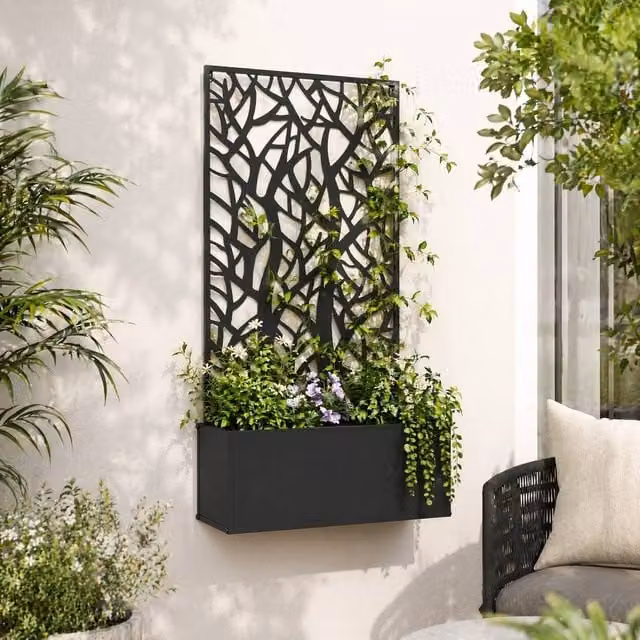 STILVORA Black Metal Raised Planter with Trellis for Ornamental or Vegetable Gardens, W/D/H: 113 x 30 x 23 cm – 1