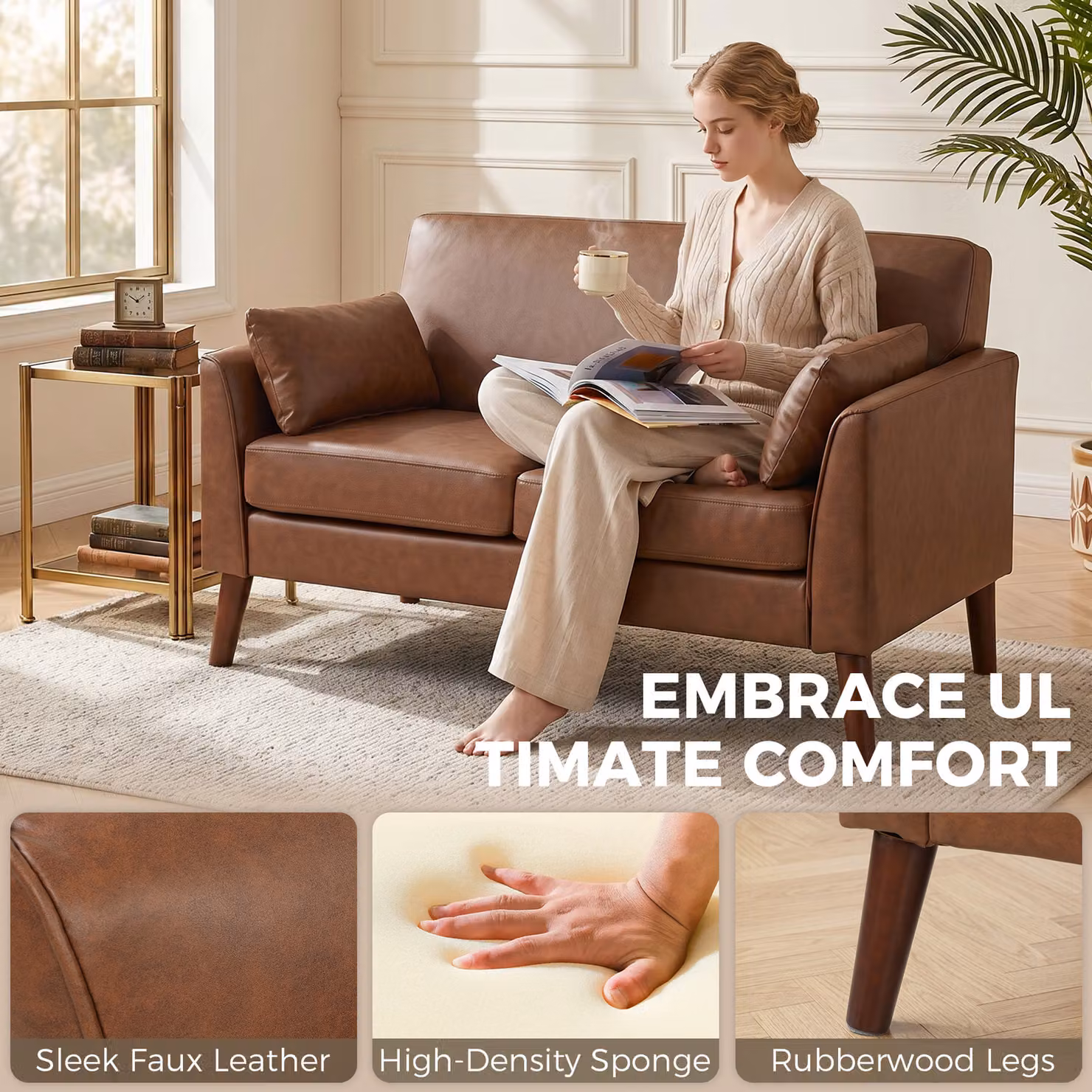 HOMCOM 2 Seater Modern Small Sofa in Brown with Synthetic Leather Upholstery and Solid Wood Legs, W: 132 cm – 4