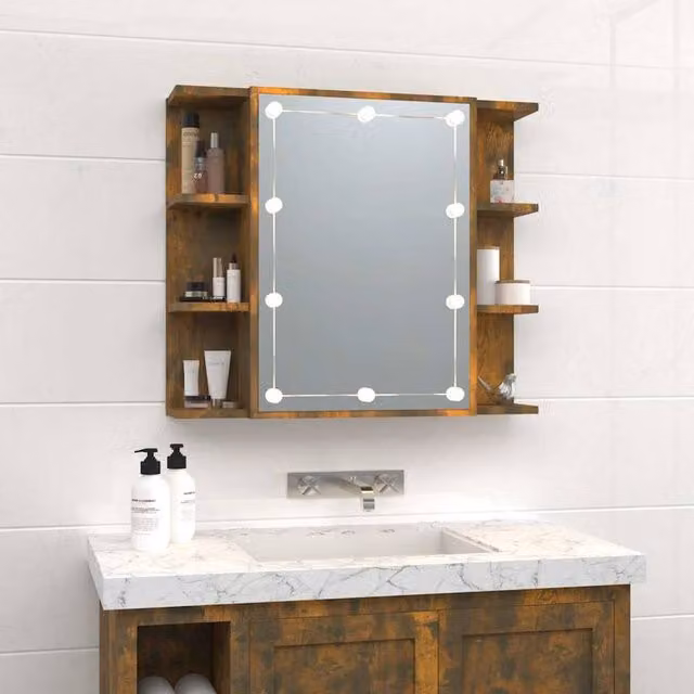 Berkfield Home Mirror Cabinet with LED Lighting in Smoked Oak Brown, W/D/H: 70 x 16.5 x 60 cm