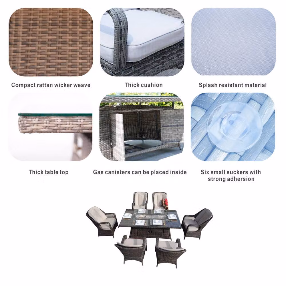 Direct Wicker 7-Piece Outdoor Dining Set with Brown Polyrattan Fire Pit Table and Glass Top for 6 Adults – 4