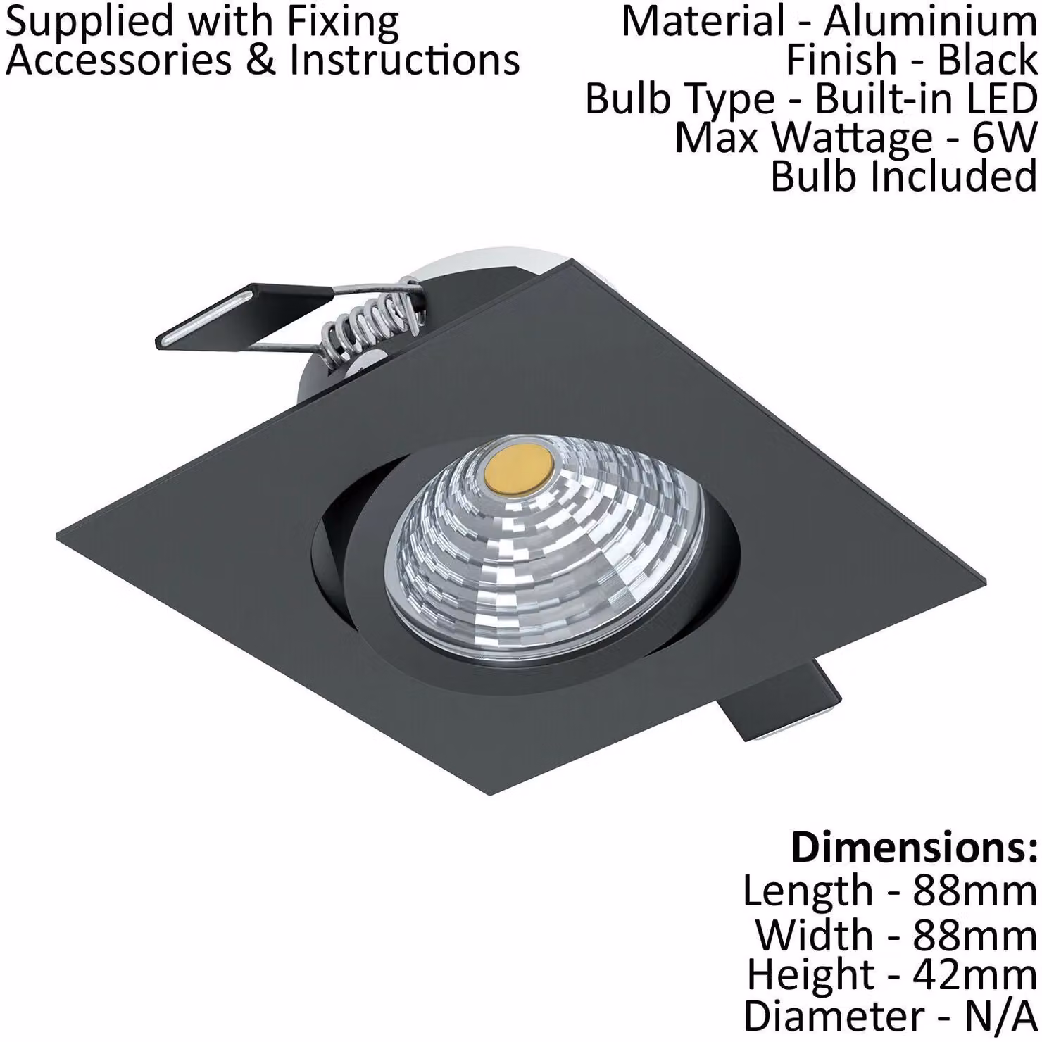 Loops 2 Pack Black Aluminium Square Flush Downlight for Wall or Ceiling with 6W Built-in LED and 2700K Warm White Light – 2