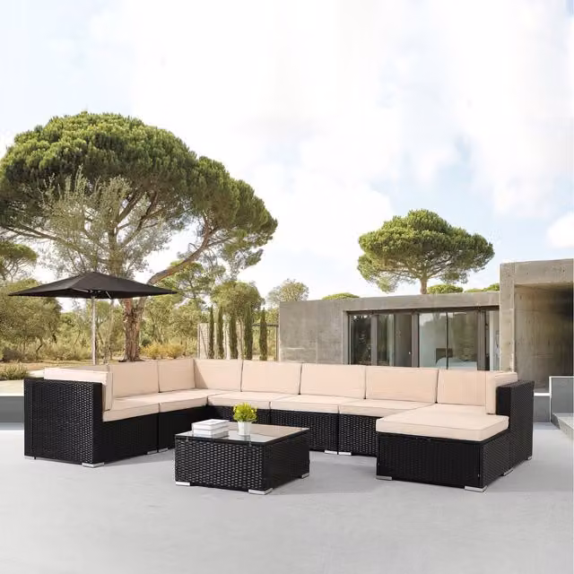 AREBOS Modern Polyrattan Garden Furniture Set in Black with Metal and Glass Details