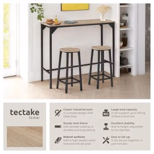 tectake Height-Adjustable Industrial Dining Table in Oak and Brown, W/D/H: 150 x 100.5 x 100.5 cm – 2
