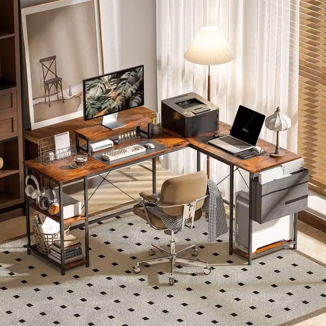 HOMCOM Reversible L Shaped Corner Desk with Adjustable Shelf and Storage Bag in Rustic Brown