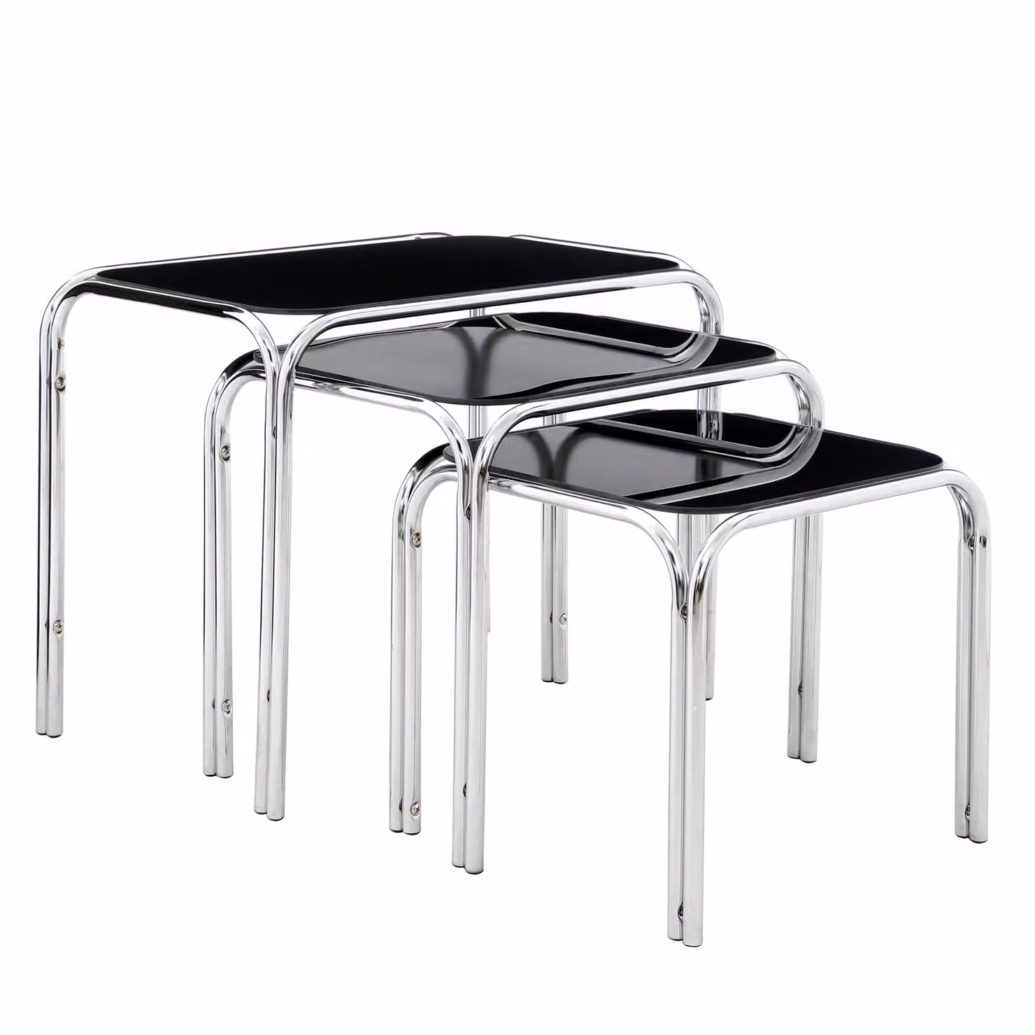 Orsina Set of Three Modern Black Glass and Metal Nesting Tables in Black and Silver – 2