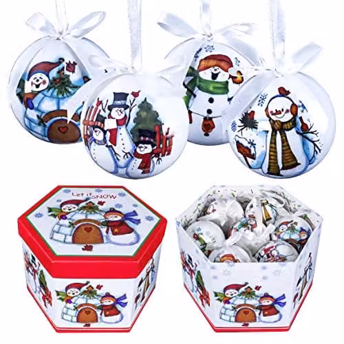 The Christmas Workshop Set of 14 White Cartoon Snowman Christmas Baubles, Diameter: 7.5 cm – 1