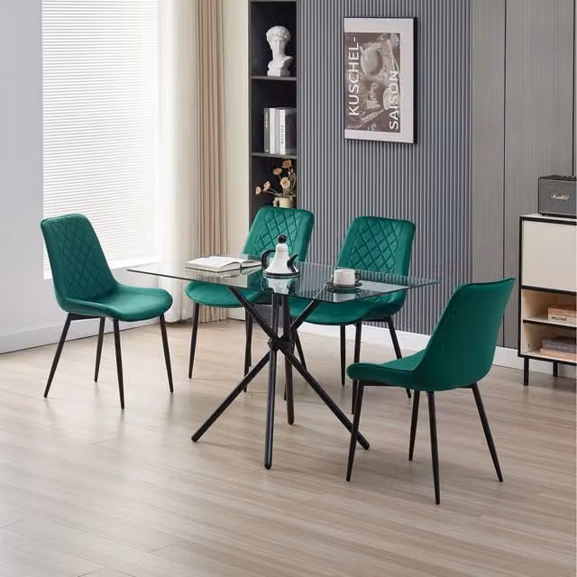 Madefor.living Miami Rectangular Glass Dining Table with 4 Amelia Velvet Chairs in Green