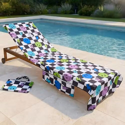 OHS Checkerboard Microfibre Beach Towel with Pocket and Bag, Quick-Dry Absorbent Sun Lounger Towel for Adults, W: 75 cm, L: 215 cm, Monochrome Smiley Checkerboard – 1
