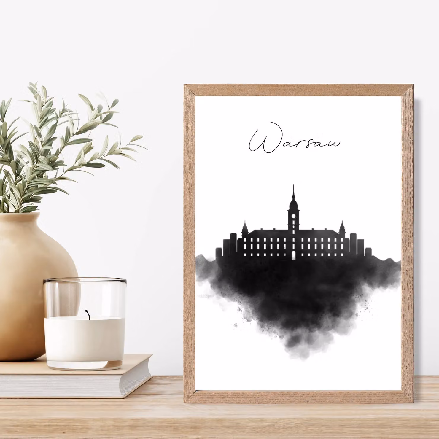 ARTZE Warsaw Watercolour Skyline City Framed Print in Black with Oak Frame – 2