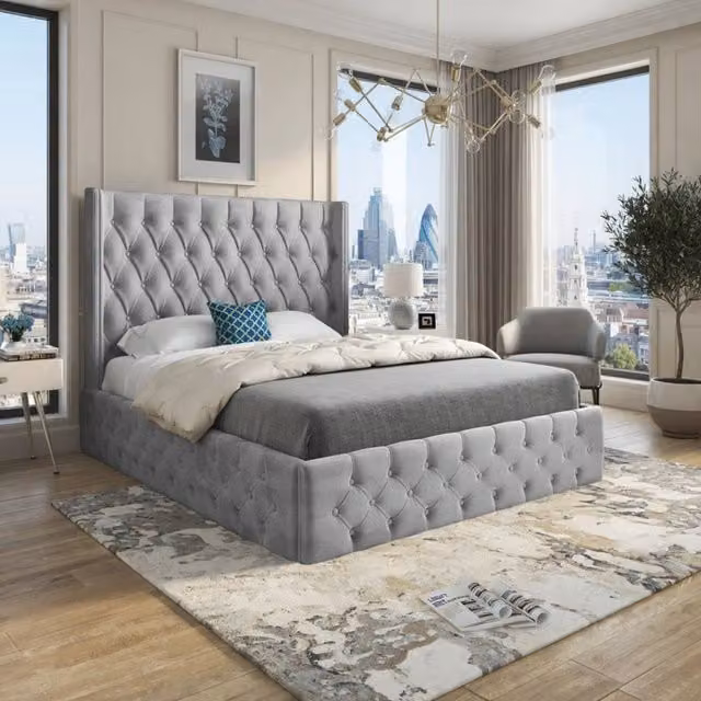 KDMD Vange Winged Upholstered Designer Bed Frame in Grey Soft Velvet, W/D/H: 137 x 128 x 200 cm – 1