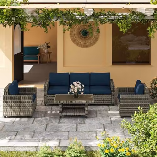 Outsunny 6 Piece Rattan Garden Furniture Set with 5 Seater Upholstered Seating and Coffee Table in Blue – 9