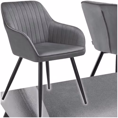 tectake Dining Chair with Quilted Velvet-Look Cover and Armrests in Grey/Black – 1