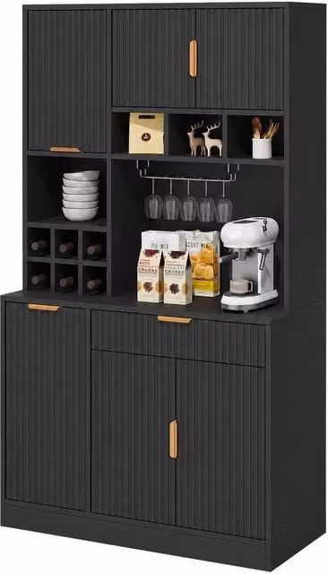 Merax Modern Tall Kitchen Pantry Cabinet with Power Outlets and Wine Storage, Black, H: 175 cm, W: 40 cm, D: 100 cm