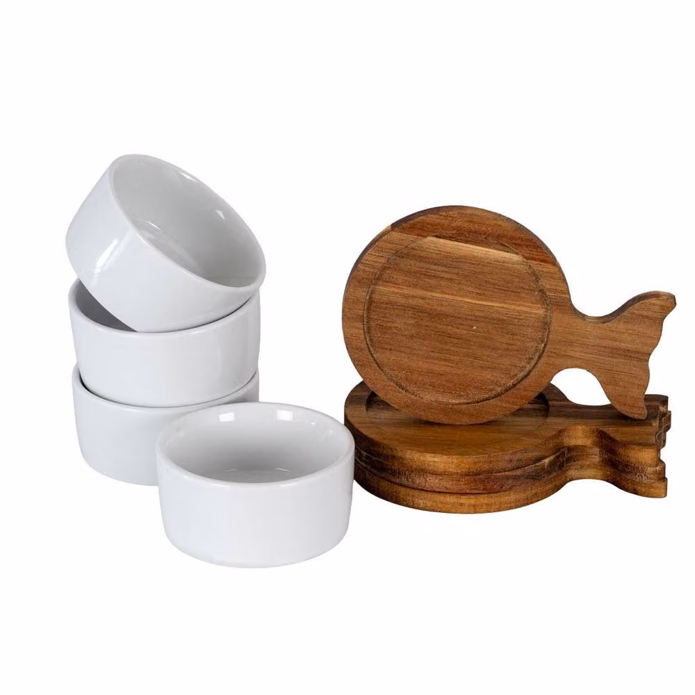 Lemon Pavilion Brown Acacia Wood and Ceramic Fishtail Serving Trays with Bowls, Set of 4 – 2