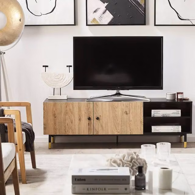 Wyld and Coco Retro TV Stand with Wood and Metal Construction in Black and Gold