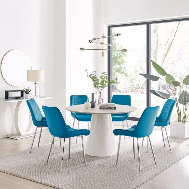 FurnitureboxUK Palma Beige Stone Effect Round Dining Table and 6 Pesaro Silver Chairs in Blue