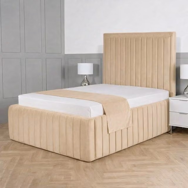 Living Comfort Bedz Saint Germain Single Upholstered Velvet Gas Lift Storage Bed in Beige