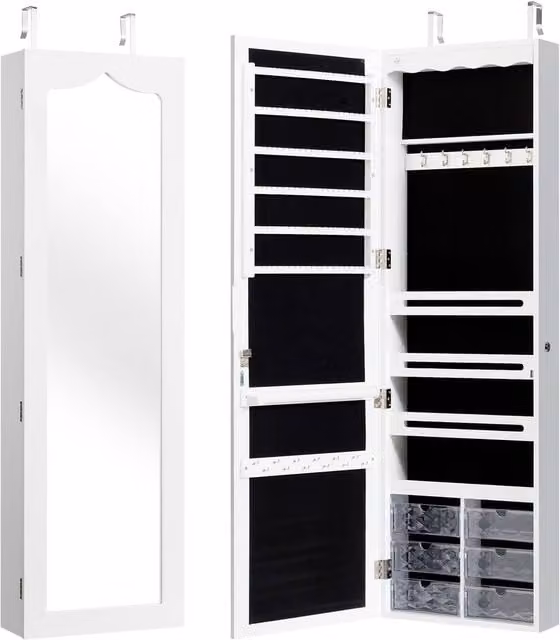 Gymax White Glossy Jewellery Cabinet with Full Length Mirror and Integrated LED Lighting, Wall Mounted