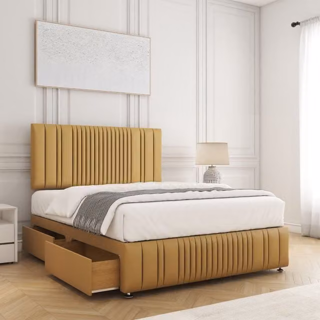 BSSPOKE Rosie Super King Divan Bed Set with 24 inch Headboard, Footboard, 2 Drawers, Mattress and Footend in Mustard Yellow Velvet Fabric