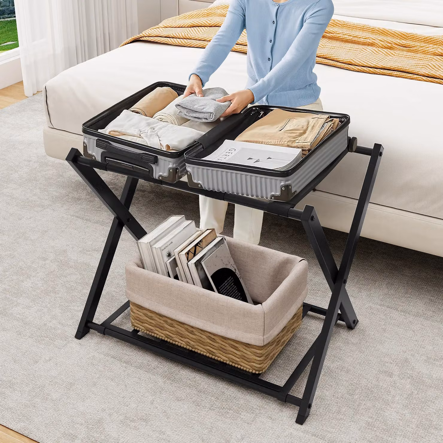Gymax Folding Metal Luggage Rack Holder with Shelf and Belts in Black – 4