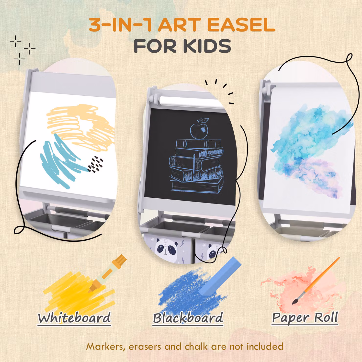 AIYAPLAY 3-in-1 Kids Art Easel with Paper Roll and Storage, Grey – 3