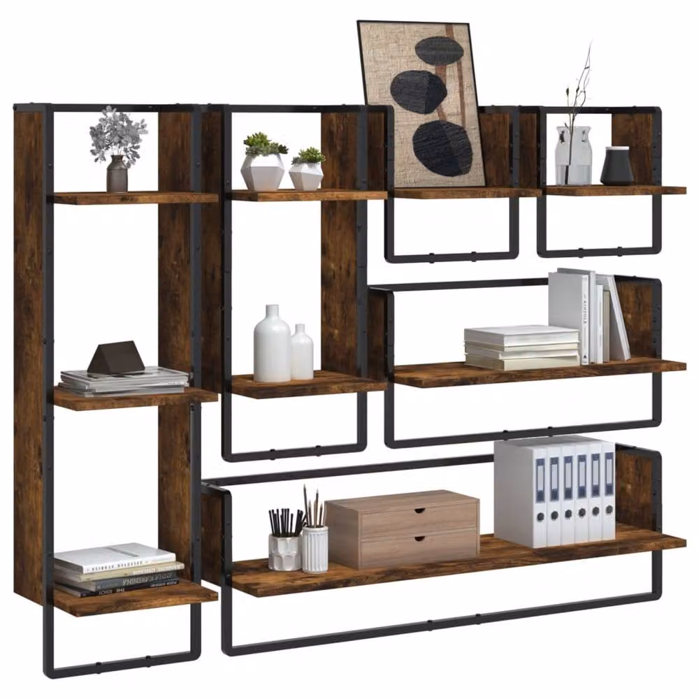 Berkfield Home 6 Piece Wall Mounted Shelf Set with Hanging Rods in Smoked Oak Brown – 1