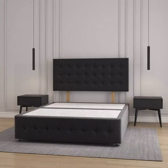 REGIONAL FURNISHINGS Super King Divan Bed Base with 24 inch Headboard and 12 inch Footboard in Black Velvet Fabric, W/D/H: 200 x 200 cm