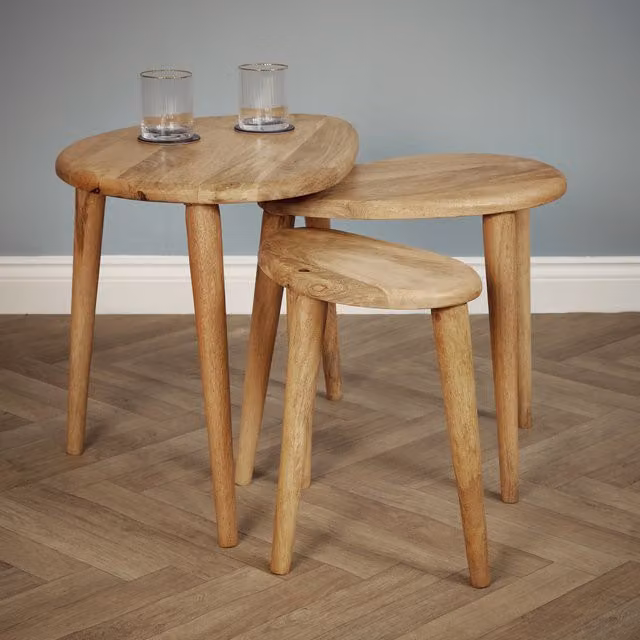 Elm Home And Garden 3 Piece Round Solid Mango Wood Nest of Tables in Brown and Beige