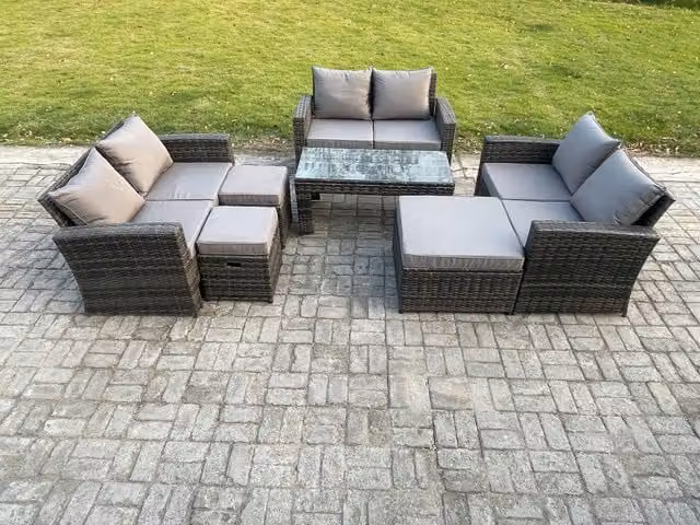 Fimous Dark Grey U Shape Rattan Garden Furniture Set with Coffee Table, 2 Seater Sofa and 3 Ottomans