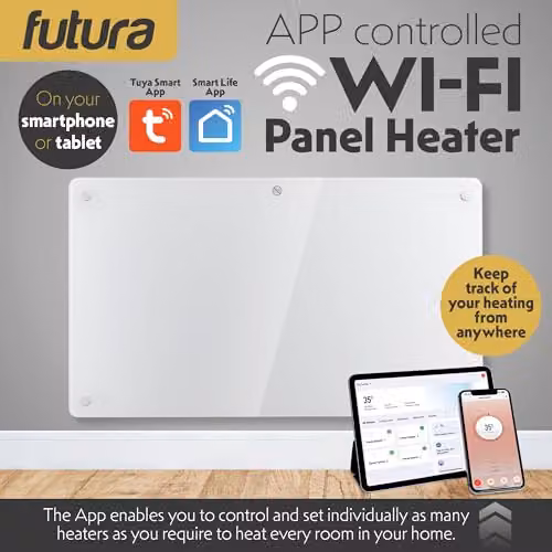 Futura 1500W WiFi Glass Panel Convector Heater, White, Wall Mounted or Freestanding – 2