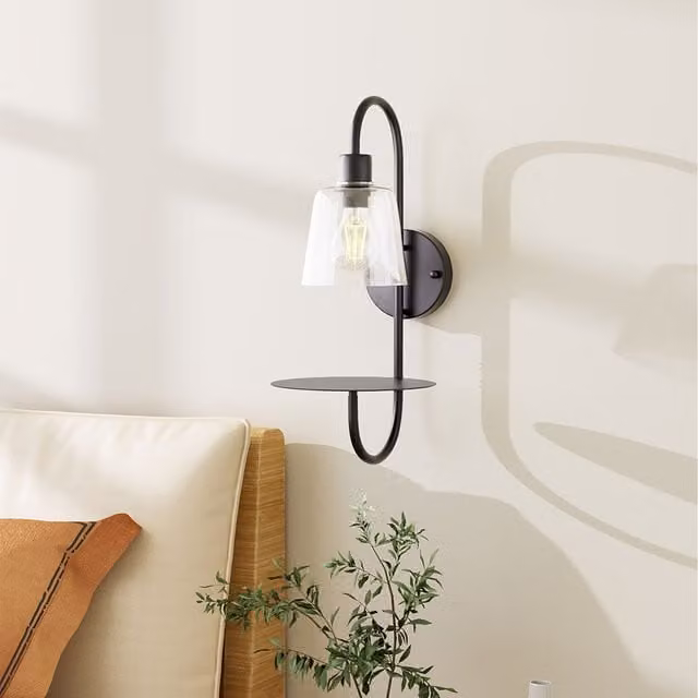 Komore Modern Black Wall Light with Transparent Glass Cylinder Shade