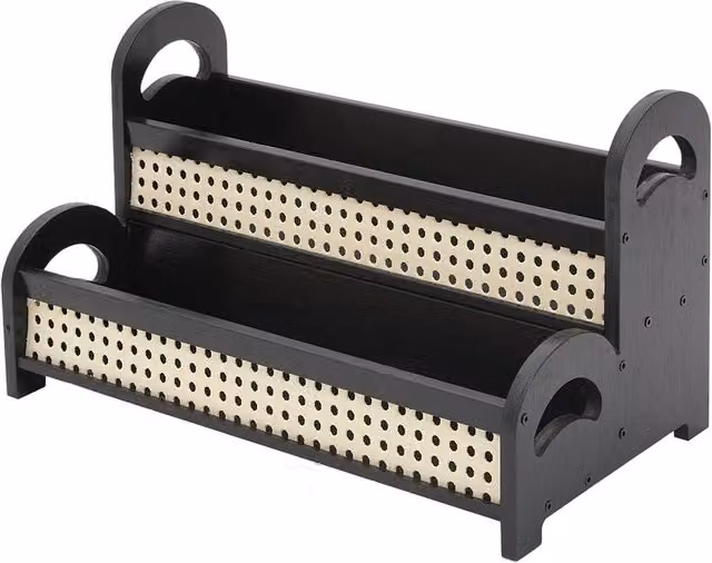 Living and Home 2-Tier Vintage Floral Tabletop Storage Organiser Display Shelf in Black with Rattan and Bamboo Details
