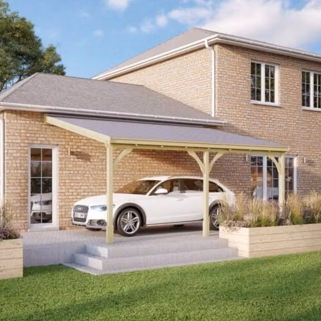 Rutland County Garden Furniture Wood Pent Carport with Bitumen Shingle Roof, W: 650 cm, L: 200 cm, H: 270 cm, Light Green – 1