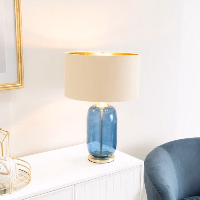 ValueLights Leigh Table Lamp with Navy Blue Glass Base and Beige Gold Shade