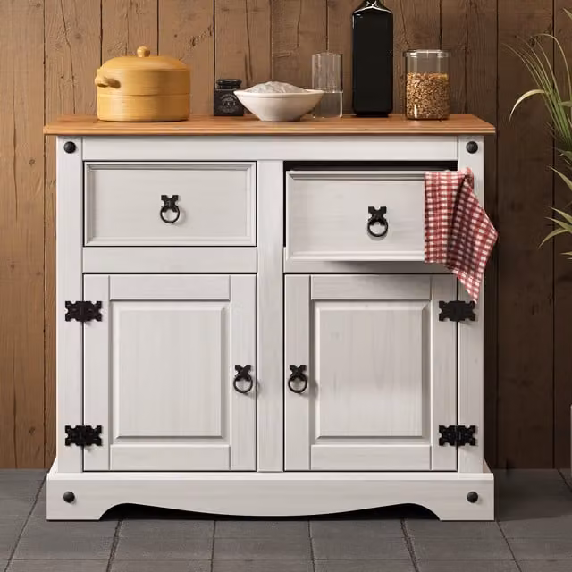 Mercers Furniture Corona 2 Door Sideboard in Distressed White Wax Solid Pine Wood with 2 Drawers