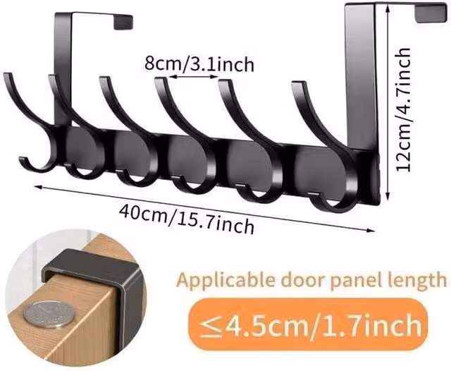 SPETLEK Metal Door Holder with 6 Hooks in Black, Large